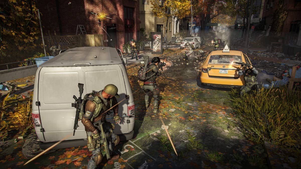 Agents in The Division 2 unleash gunfire from a van turned cover during a tense Brooklyn street shootout.