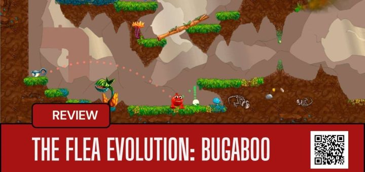 A vibrant grassy level from The Flea Evolution Bugaboo, showing enemy hazards and the Flea’s leap trajectory mid-action.