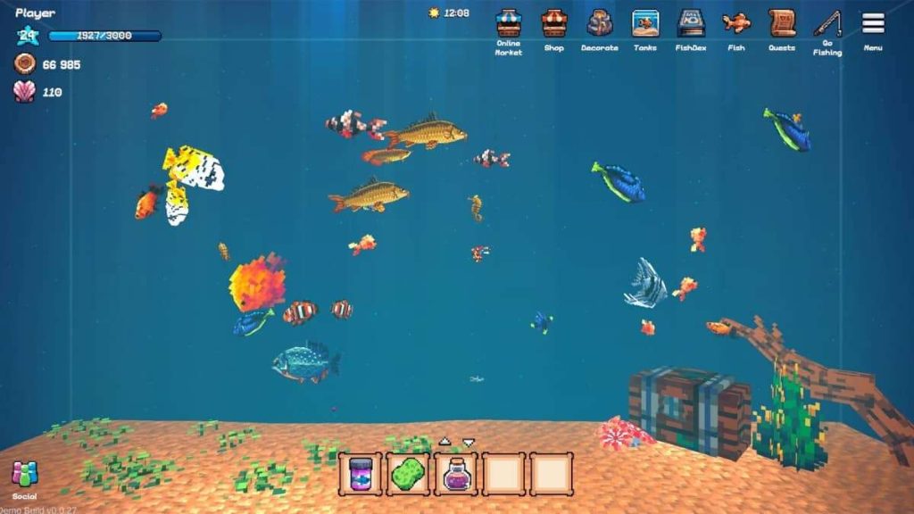 A cluttered aquarium scene from Tiny Aquarium: Social Fishkeeping featuring active fish, fungus growth, and screen grime.