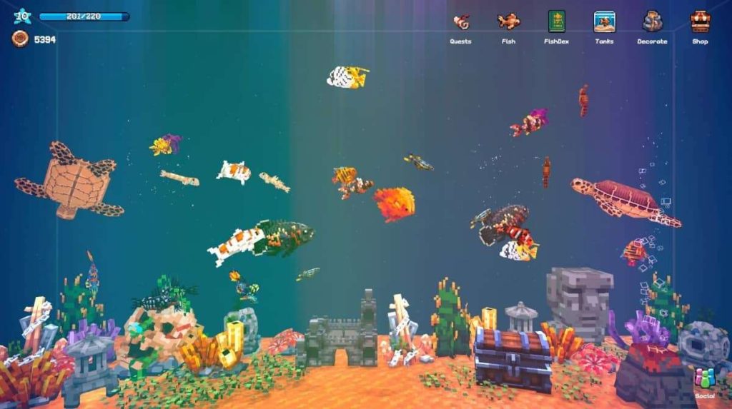 A bustling, brightly decorated aquarium in Tiny Aquarium: Social Fishkeeping featuring graceful sea turtles in motion.