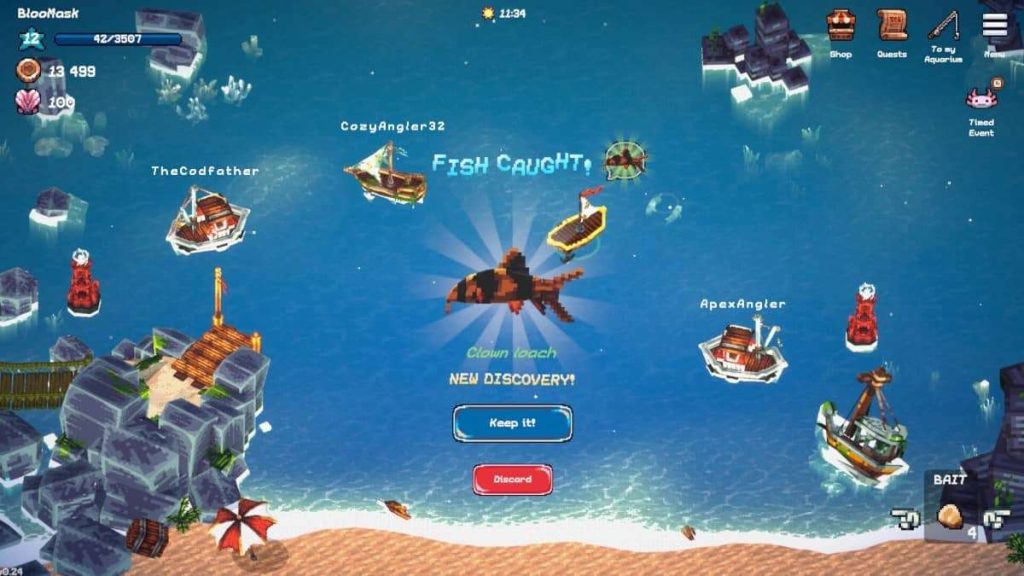 Fish caught notification in Tiny Aquarium: Social Fishkeeping showing catch details and rewards earned.