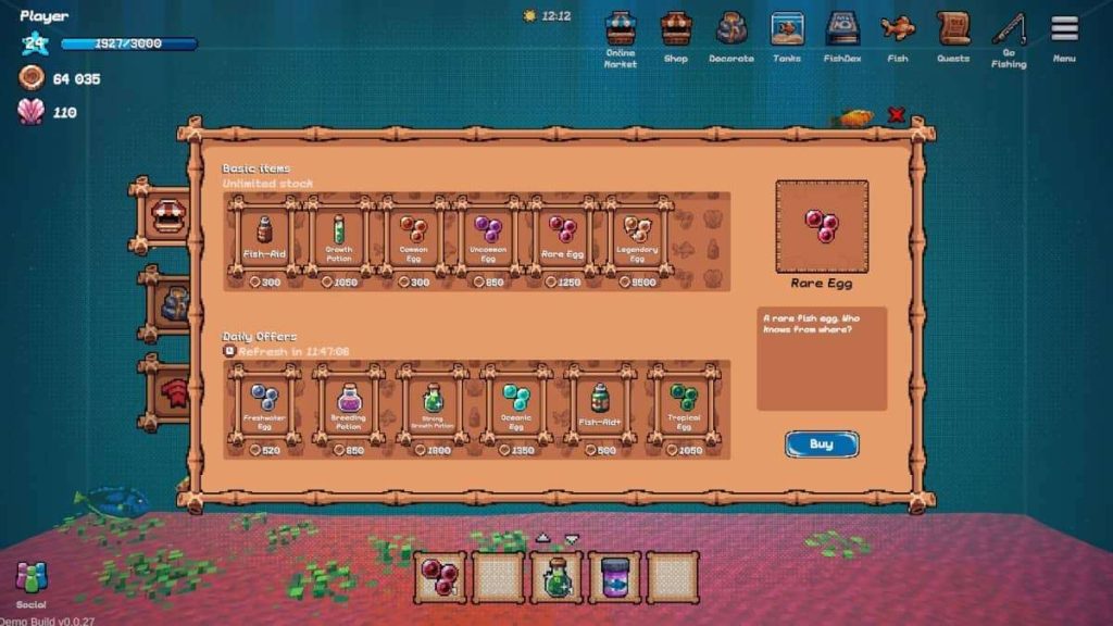 The Fishdex interface in Tiny Aquarium: Social Fishkeeping displaying a wide variety of collectible fish species.