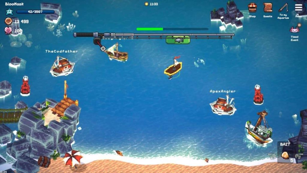 Tiny Aquarium: Social Fishkeeping multiplayer fishing room showing a fleet of boats owned by active players.