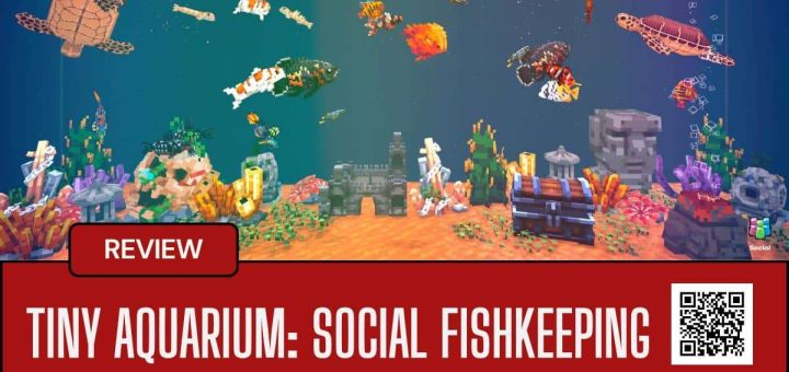 A pixel-art fish tank filled with colourful fish and decorations from Tiny Aquarium: Social Fishkeeping.