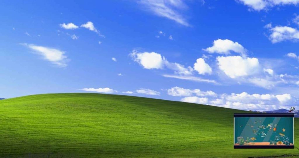 Tiny Aquarium: Social Fishkeeping running in tiny mode over the classic Windows XP hills wallpaper.