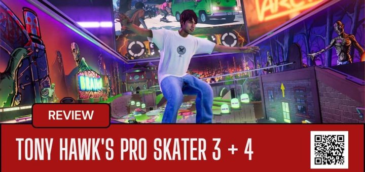 A vibrant grind above a colourful skate stage with Scooby-Doo imagery in Tony Hawk's Pro Skater 3 + 4.
