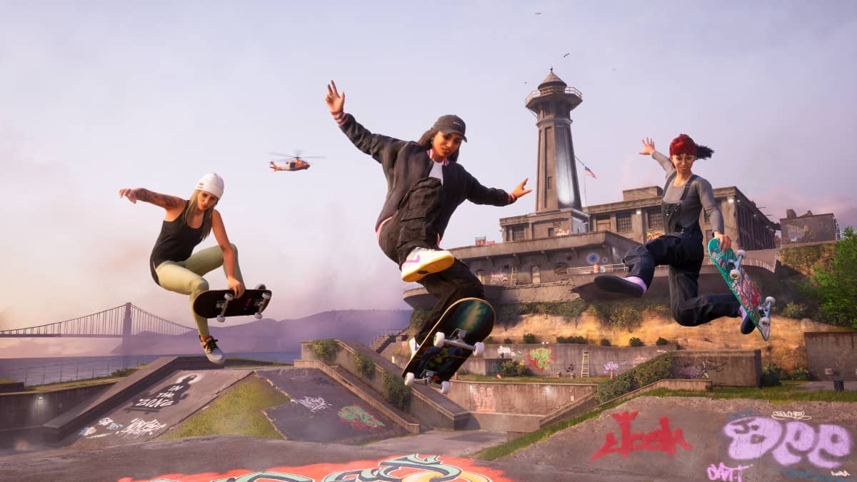 Three skaters pulling synchronized tricks at Alcatraz in multiplayer review highlight.