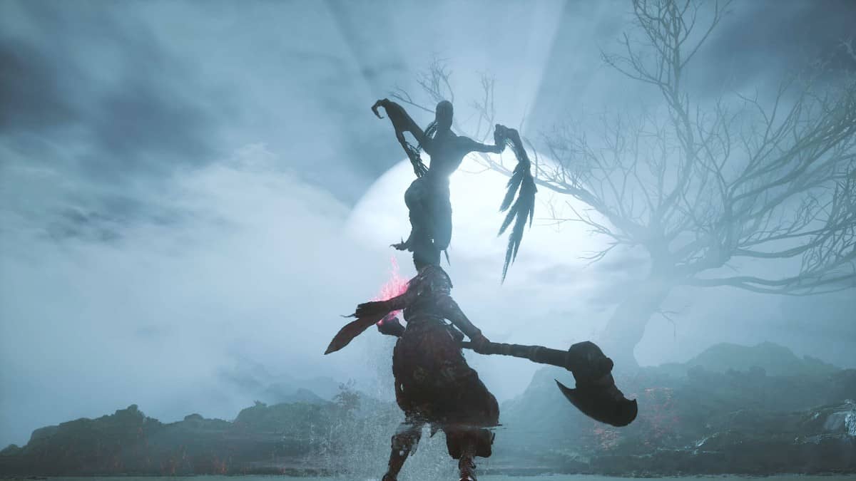 A leaping boss prepares to strike as the player readies their axe in a tense Wuchang Fallen Feathers field encounter.