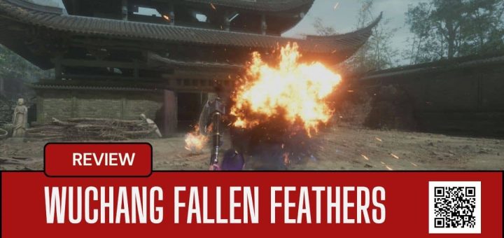 A blazing fire attack erupts during a boss fight outside a temple in Wuchang Fallen Feathers, capturing peak gameplay intensity.
