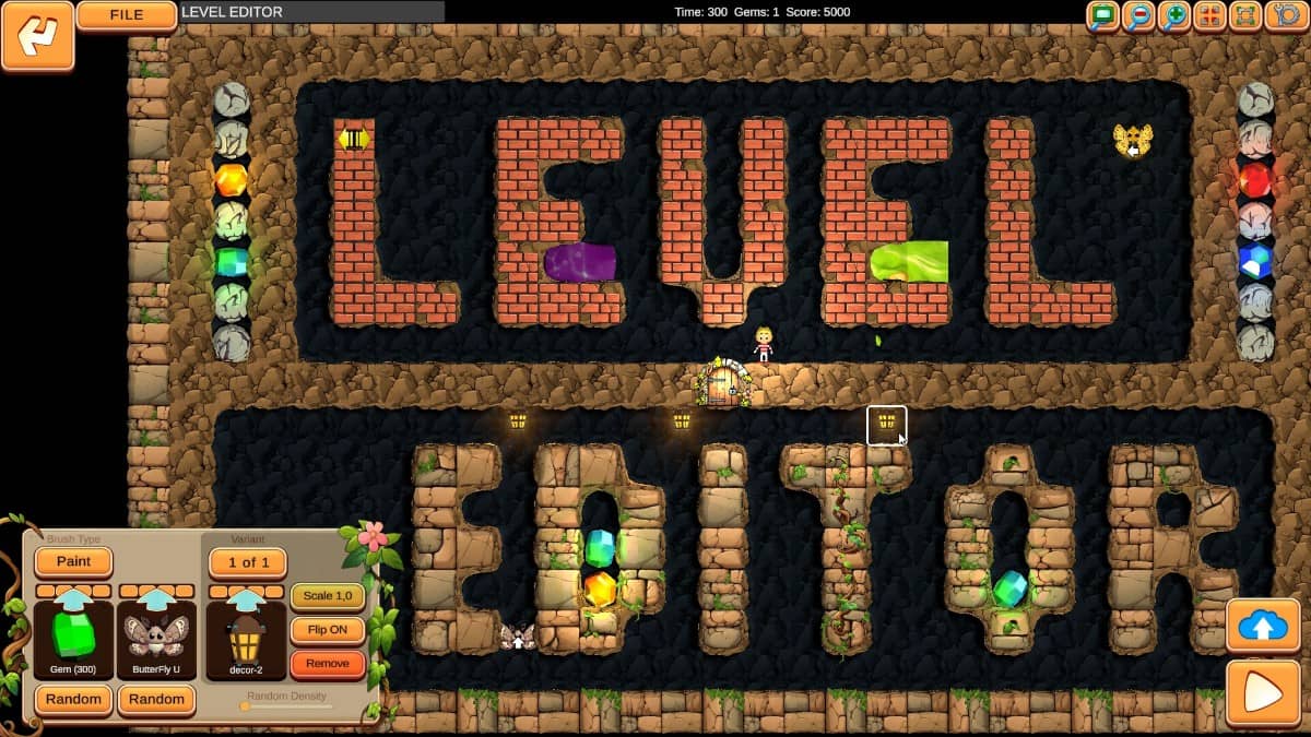BOULDER DASH 40th Anniversary level editor in action, showcasing a custom cave titled 'level editor' with full layout.