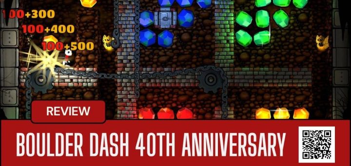 A vibrant gem-collecting moment in BOULDER DASH 40th Anniversary with points popping across a colourful cave screen.