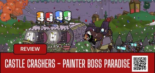 The full team celebrates atop a stagecoach in Castle Crashers Painter Boss Paradise as confetti rains down in vibrant chaos.