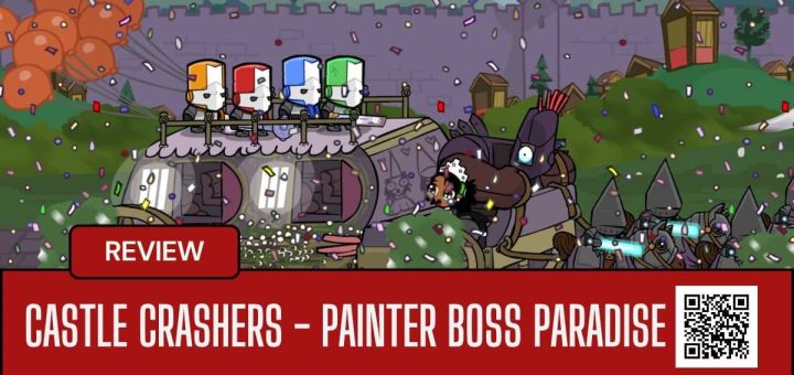 The full team celebrates atop a stagecoach in Castle Crashers Painter Boss Paradise as confetti rains down in vibrant chaos.