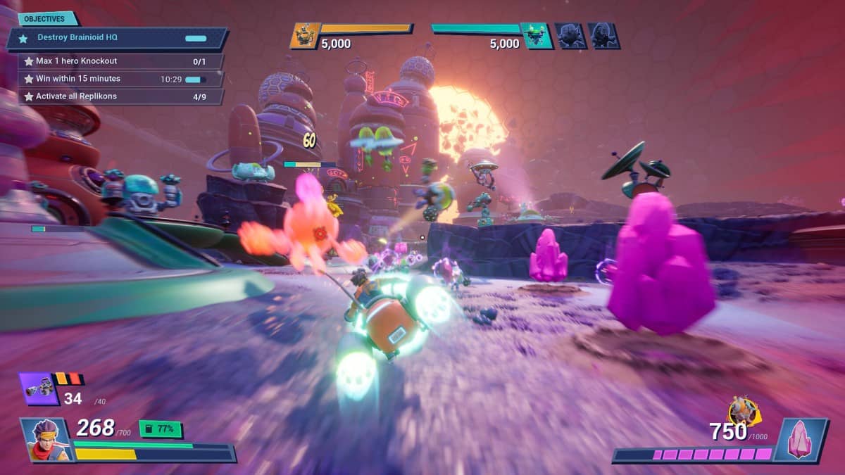 Chip ‘n Clawz vs. The Brainioids shows the player piloting a flying vehicle toward advancing alien forces.
