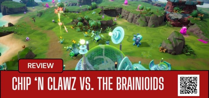 Aerial view of Chip ‘n Clawz vs. The Brainioids combat showing enemy forces advancing across a vivid green planet.