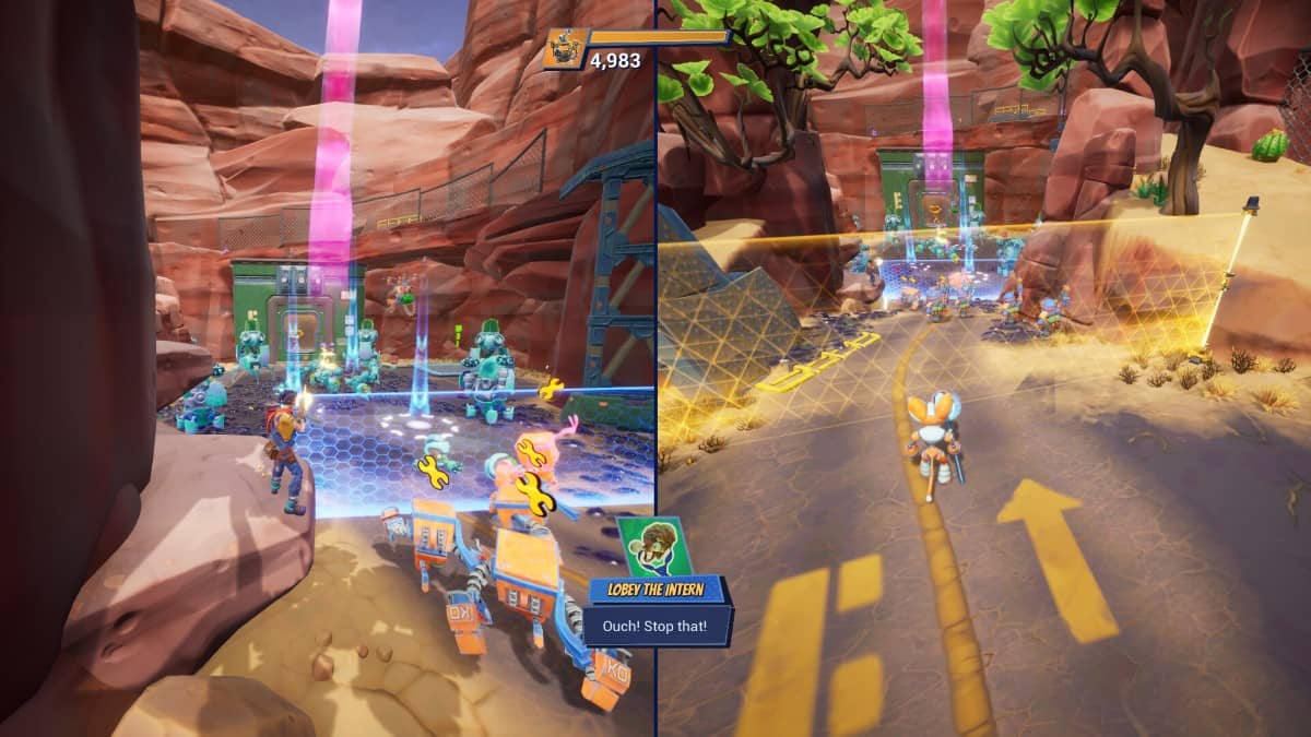 Split-screen co-op in Chip ‘n Clawz vs. The Brainioids showing both players managing separate battles seamlessly.