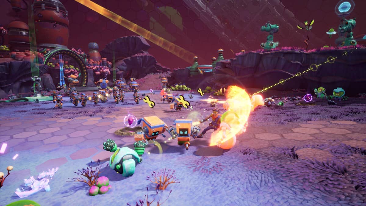 Combat scene in Chip ‘n Clawz vs. The Brainioids with bots showing spanners overhead to indicate overcharge status.