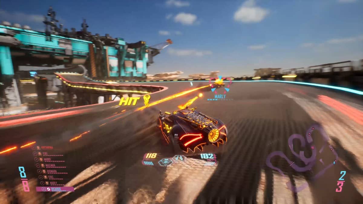 Cyber Clutch: Hot Import Nights captures a neon-soaked drift as the lead car swings wide to overtake rivals mid-race.