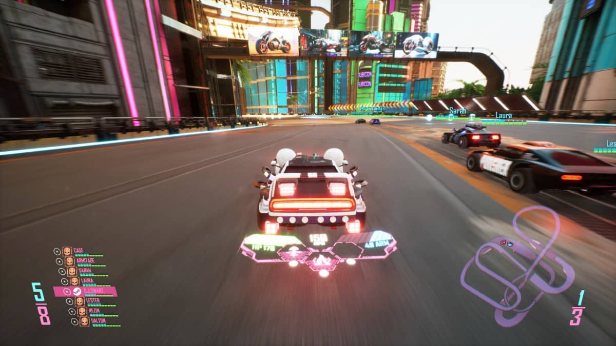 Cyber Clutch: Hot Import Nights shows a neon-lit race as the lead driver activates powerups while being overtaken.