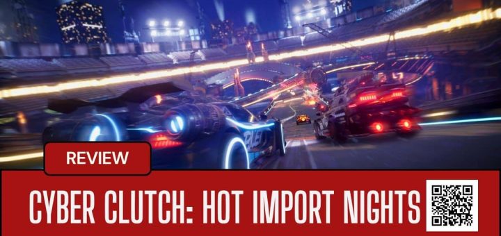 Two neon-lit cars race through a futuristic city track in Cyber Clutch: Hot Import Nights, showcasing high-speed action.