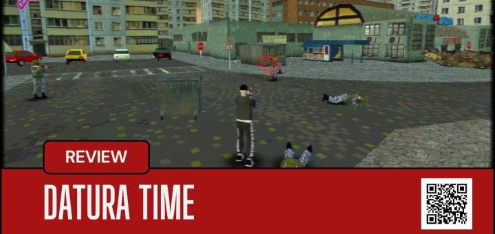 A tense combat moment in Datura Time as the player opens fire on enemies in a chaotic urban square.
