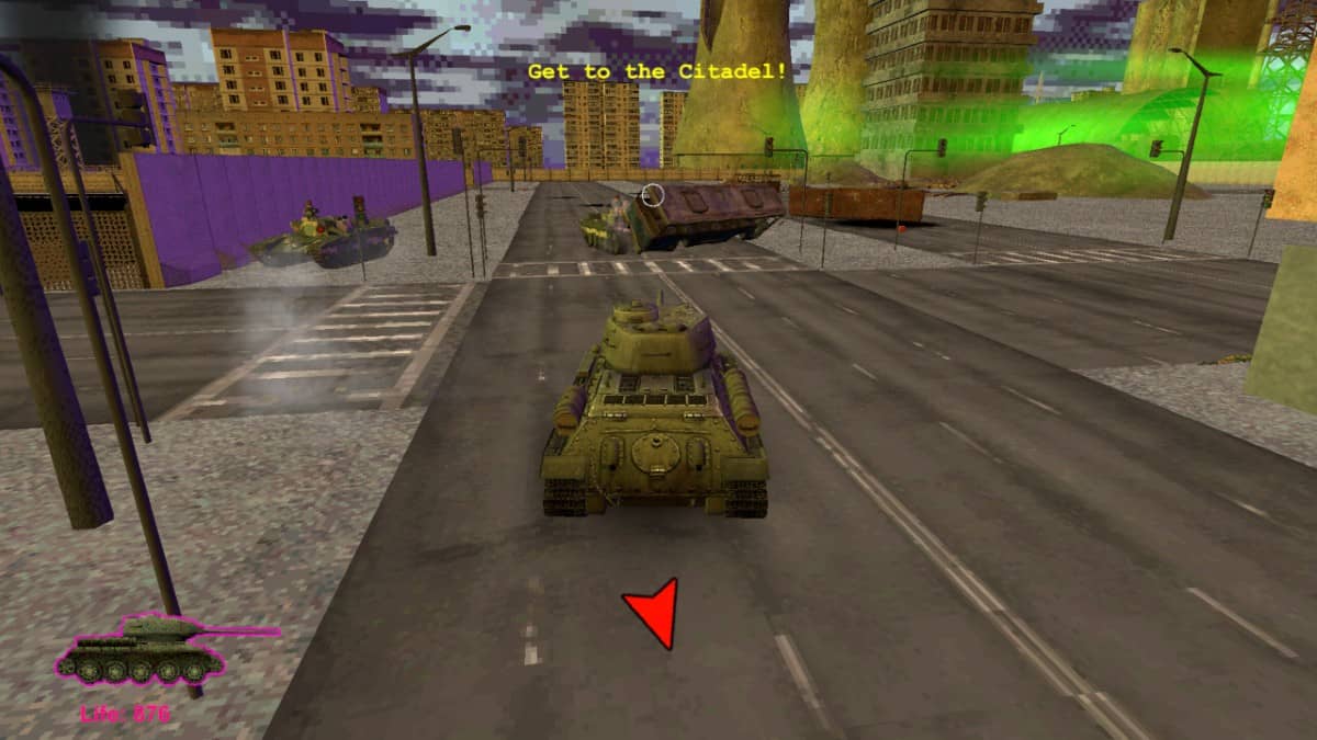 A tank rolls through the heart of town in Datura Time as the player heads toward the looming citadel.