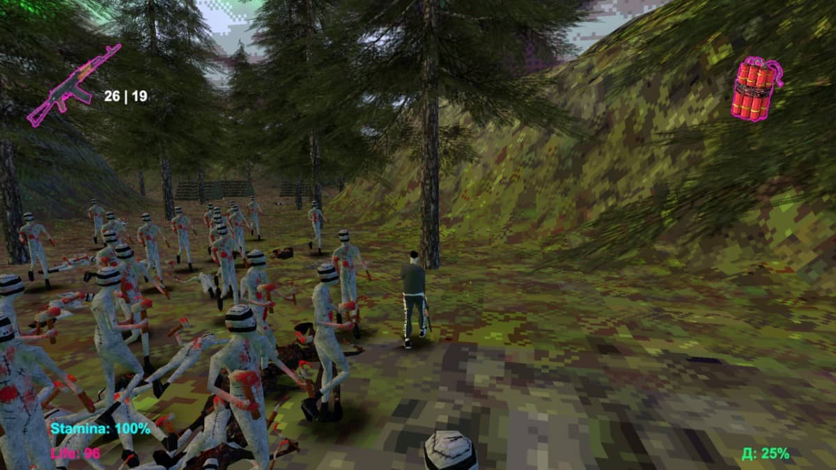 A swarm of zombie-like enemies advances toward the player in Datura Time on the eerie town outskirts.