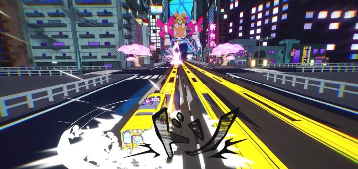 A speeding bus in Denshattack! crashes into a towering robot in downtown Tokyo’s chaotic battleground.