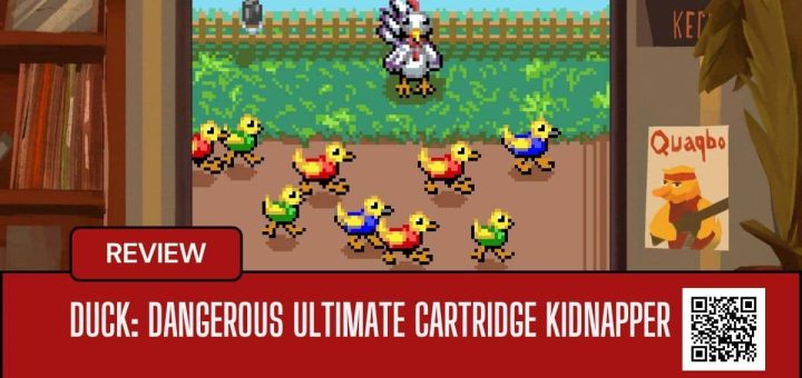 Pixellated chickens racing under the watchful eye of a giant white chicken in DUCK Dangerous Ultimate Cartridge Kidnapper.