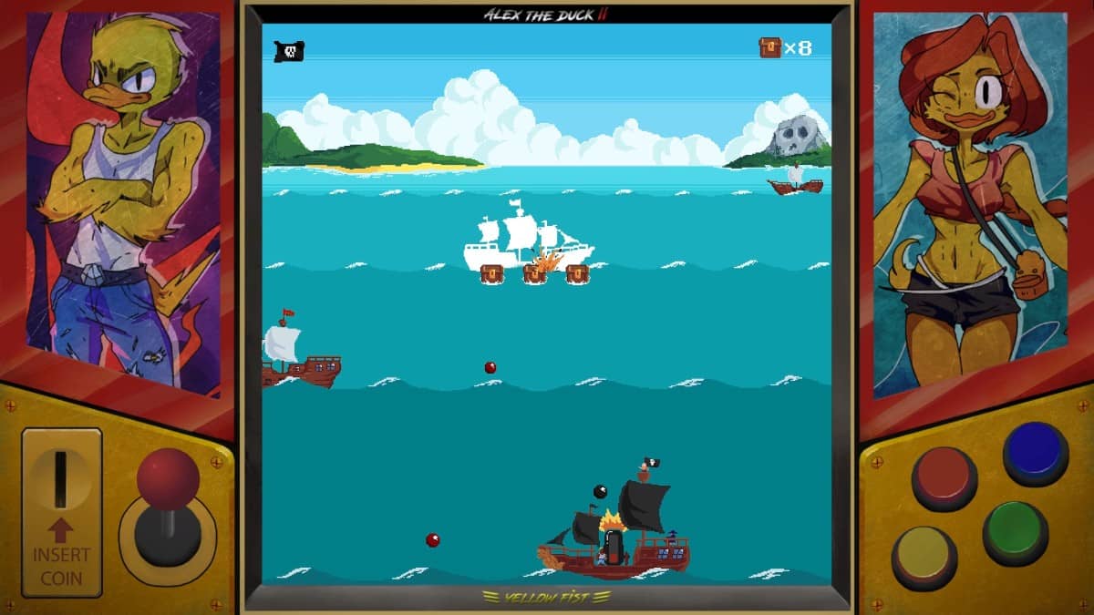 A pixelated pirate ship fires at enemy vessels in DUCK Dangerous Ultimate Cartridge Kidnapper’s retro sea battle.