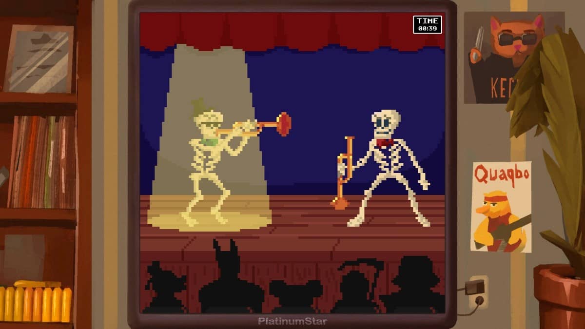 Two skeletons perform on stage with musical instruments in DUCK Dangerous Ultimate Cartridge Kidnapper’s retro game scene.