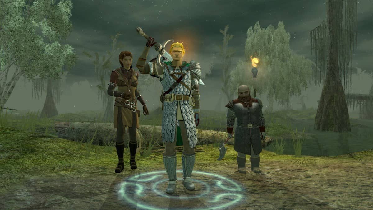 A wizard, prince, and dwarf stand atop a hill in Dungeons and Dragons Neverwinter Nights 2 Enhanced Edition, safe after battle.