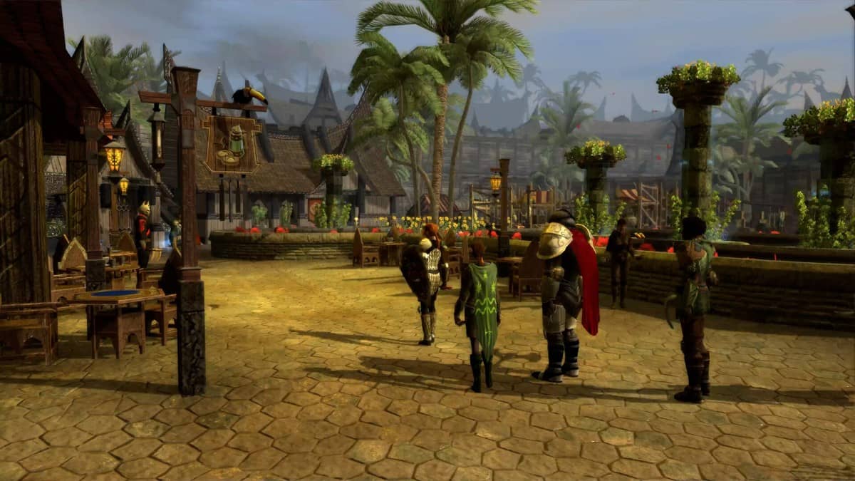 A party of adventurers enters a sprawling, lively city in Dungeons and Dragons Neverwinter Nights 2 Enhanced Edition.