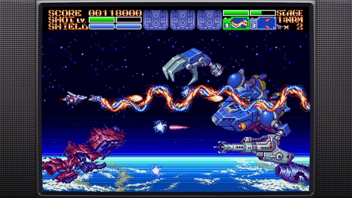 Earthion’s dramatic boss battle unfolds above Earth, with electric energy streams lighting up the retro arcade sky.