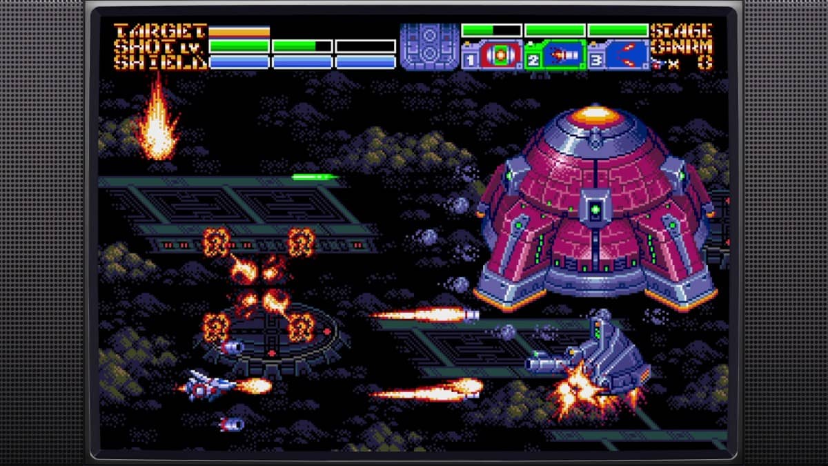 Earthion’s player ship unleashes firepower on a massive enemy base mid-transformation into a spaceship.