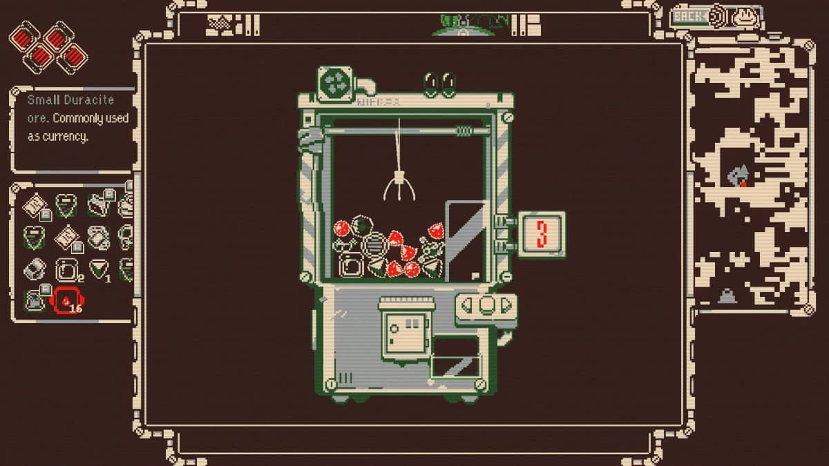 Everdeep Aurora’s claw machine mini-game shows Shell guiding the grabber arm in search of quirky prizes.