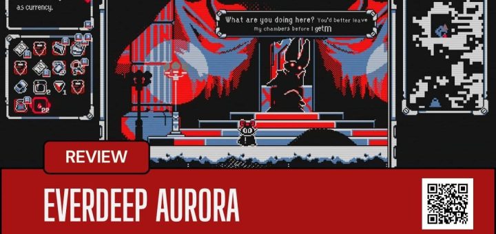 Shell speaks with a towering throne-bound creature in Everdeep Aurora’s red-hued depths.
