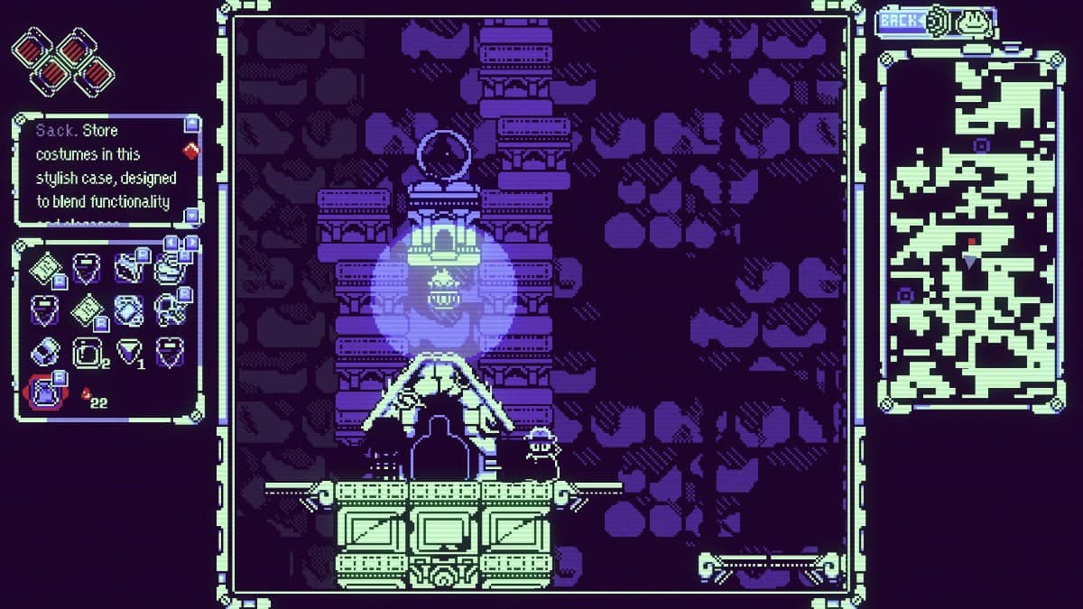 Shell stands before a mysterious door deep in Everdeep Aurora’s blue-hued mining tunnels.