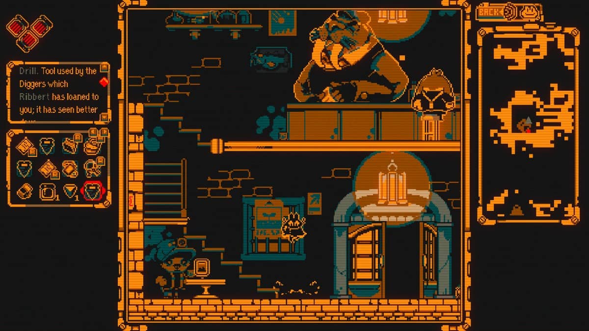 Shell chats with the walrus barkeep in Everdeep Aurora’s cozy, orange-lit underground tavern.