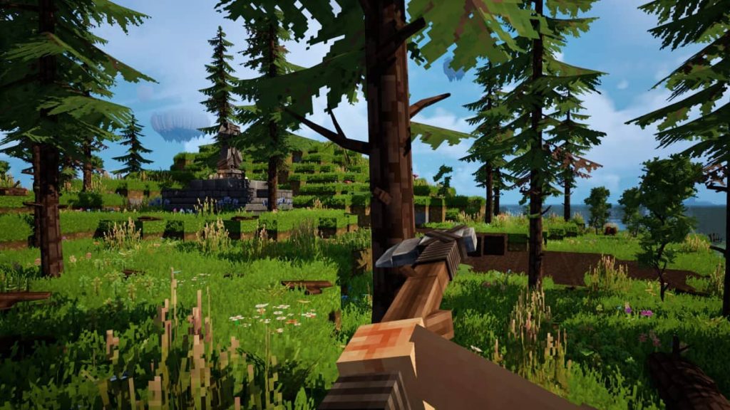 A first-person view in Everwind showing a player firing an arrow at an enemy in a dense forest setting.
