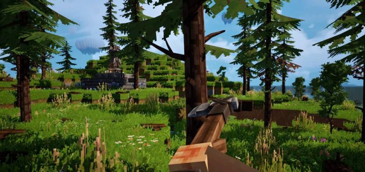 A first-person view in Everwind showing a player firing an arrow at an enemy in a dense forest setting.
