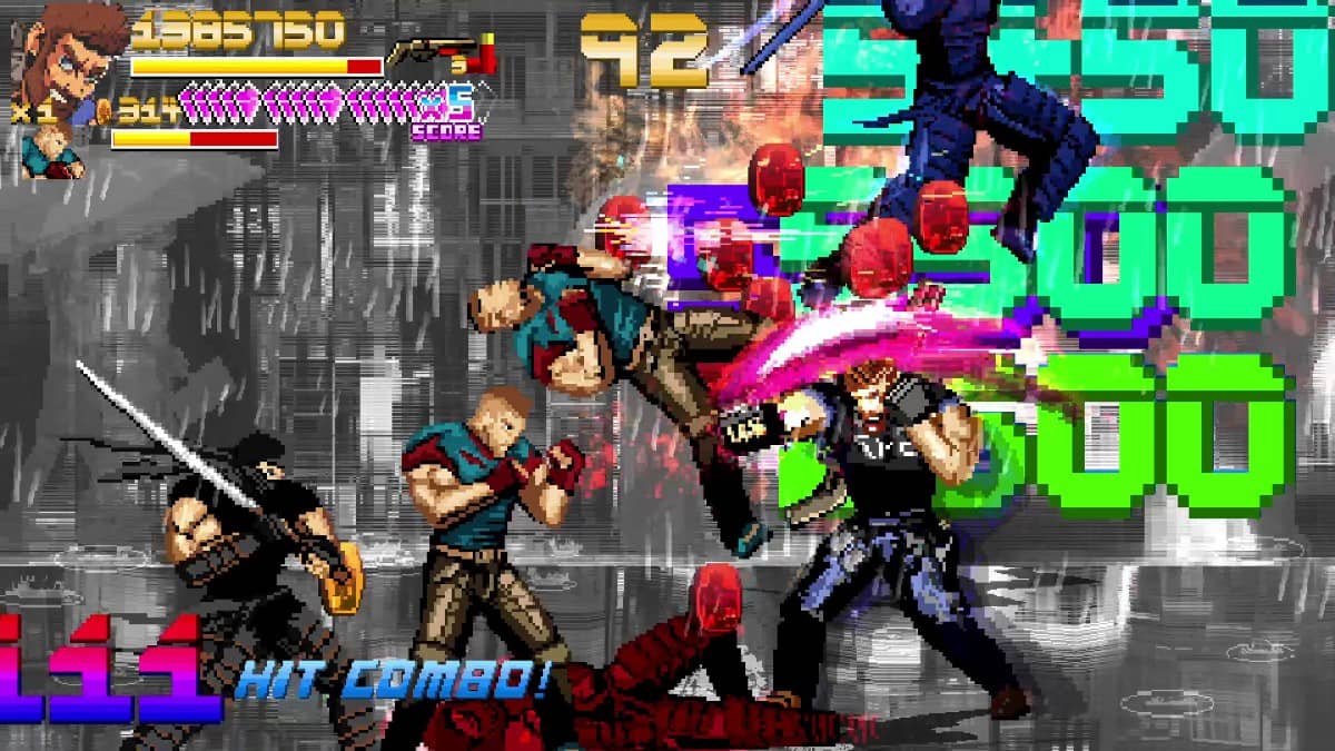 A massive combo sequence in Fallen City Brawl with damage numbers flying and enemies sprawled across the street.
