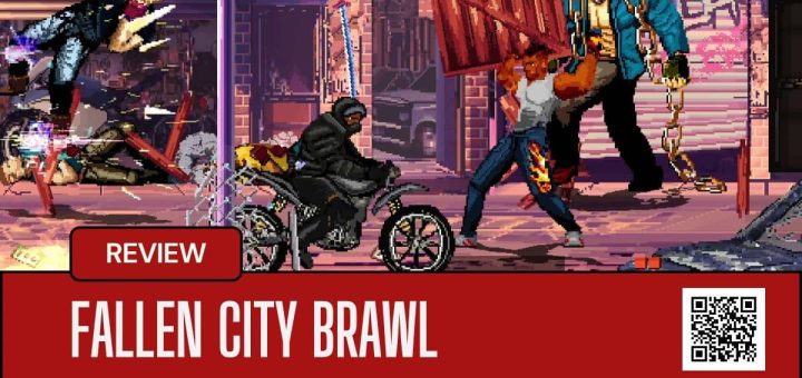 A chaotic street fight in Fallen City Brawl featuring bat-wielding enemies and motorbike riders in a neon-lit urban setting.