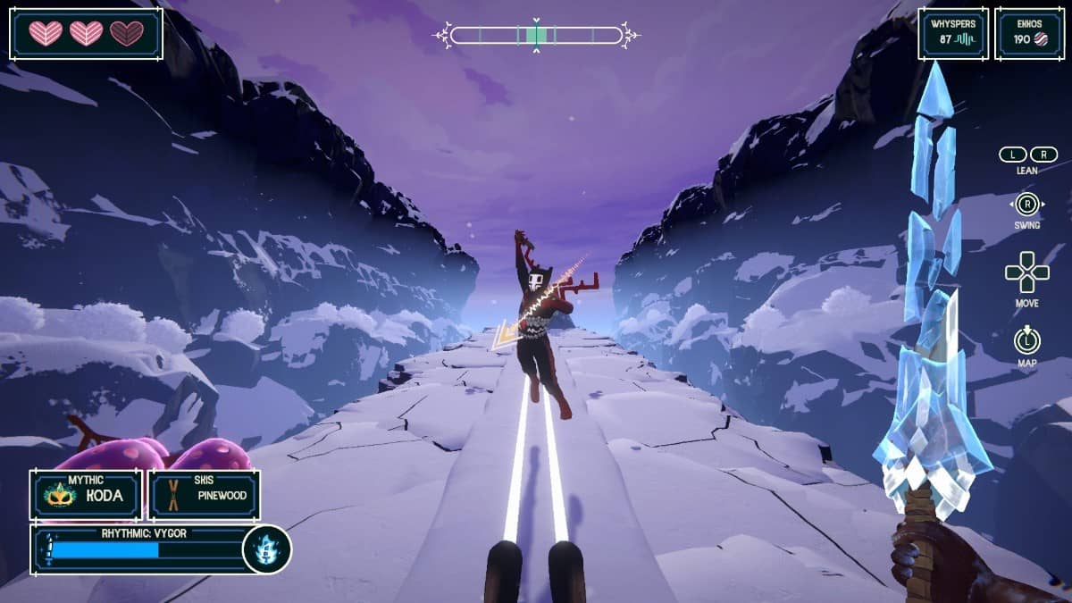 An enemy leaps toward the player in Fresh Tracks, with directional arrows guiding a timed sword strike.