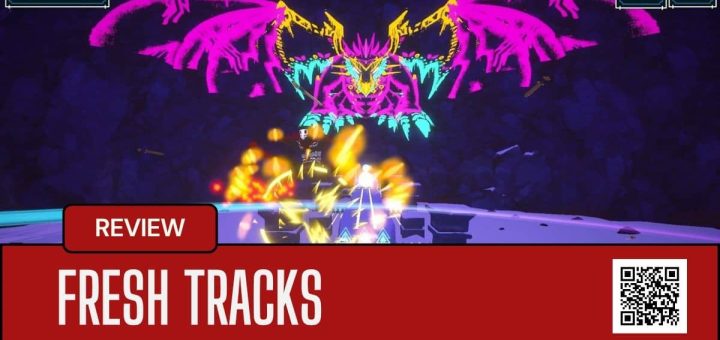 A glowing wireframe dragon charges forward in Fresh Tracks, set against a dark sky with enemies in pursuit.