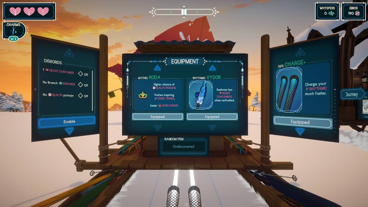 The Fresh Tracks wagon shop displays skis, swords, and charms available before each rhythmic descent.