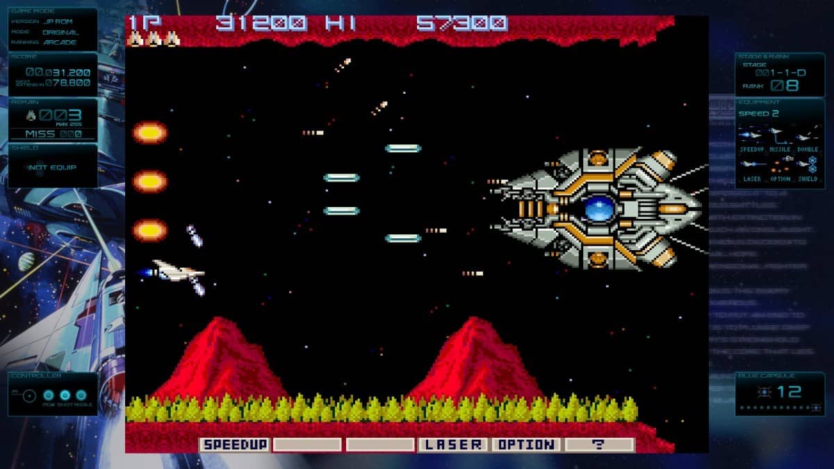 Gradius Origins boss encounter in a tight cavern, with a massive enemy dominating the screen and limiting movement.