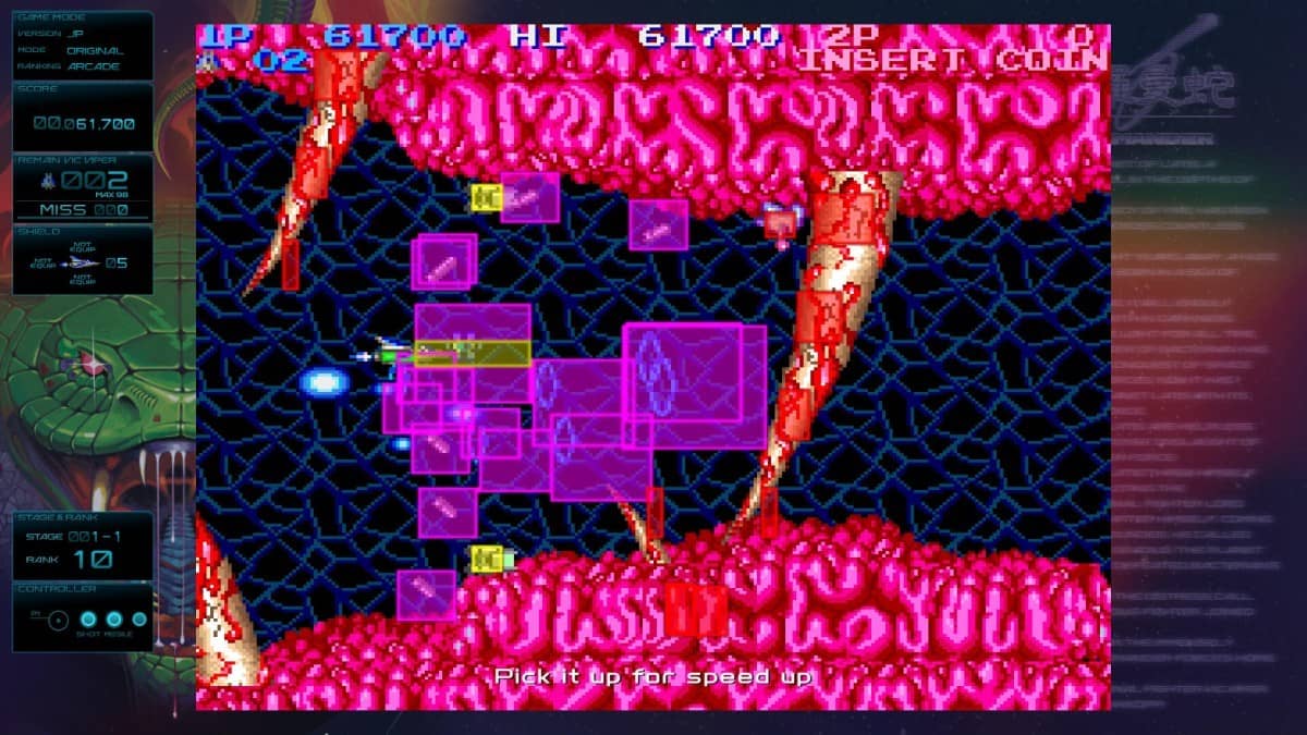 Gradius Origins gameplay showing active hitboxes around enemies and the player ship during a chaotic shootout.