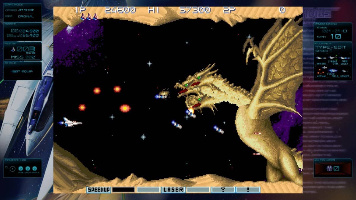 Gradius Origins boss battle featuring a massive dragon in deep space, unleashing waves of projectiles mid-fight.