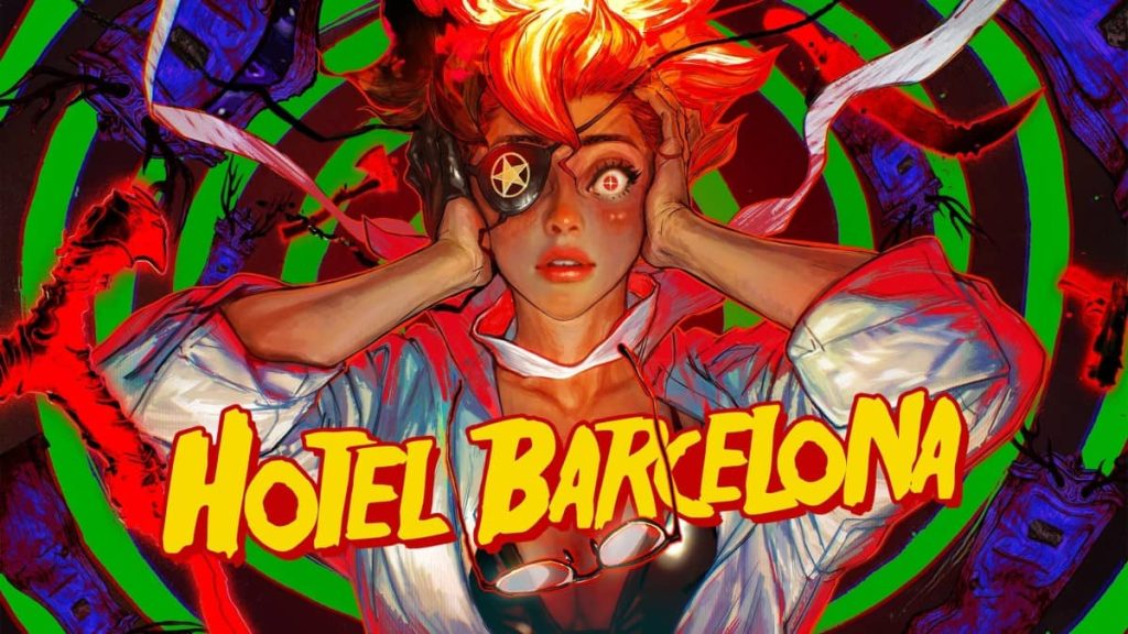 A panoramic shot from Hotel Barcelona featuring the game title and eerie hotel exterior at dusk.